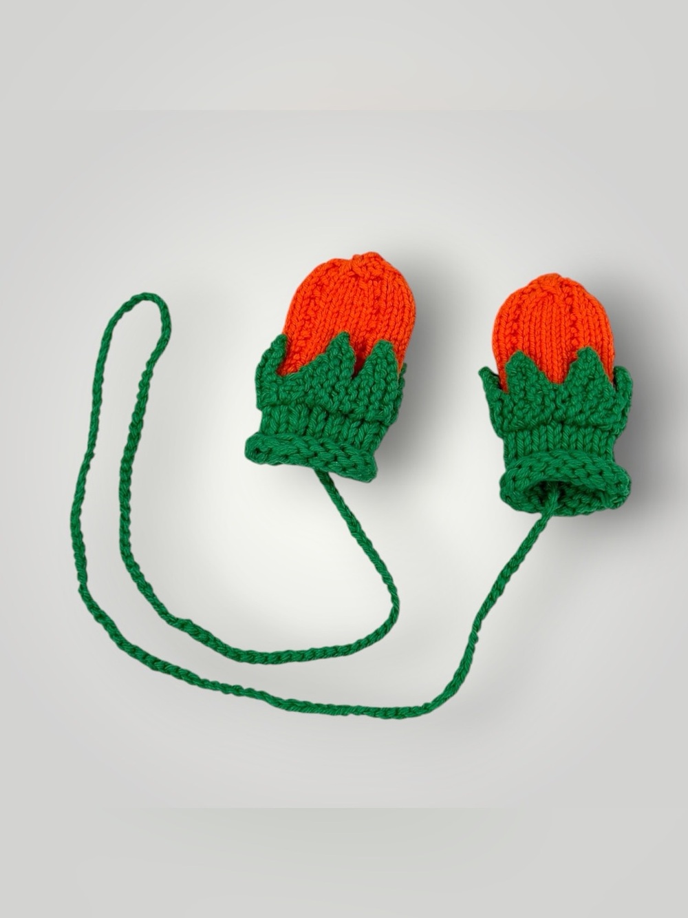 Hand-Knit Orange & Green Kids Mittens with Attached String  0-12 Months - Picture 7 of 10